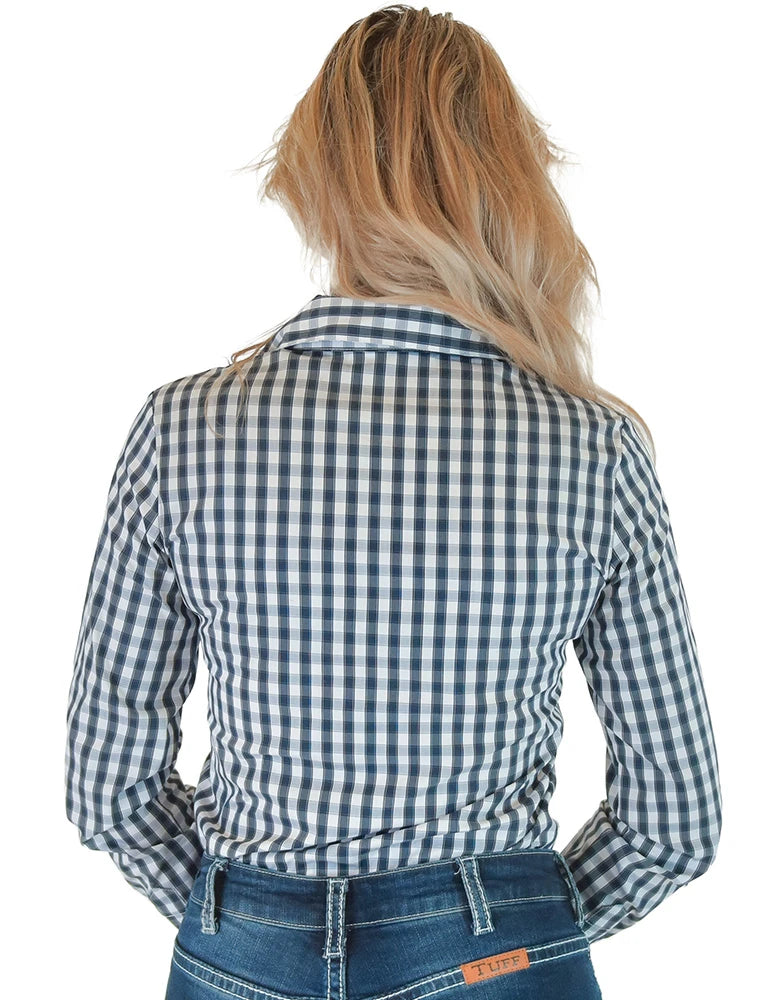Cowgirl Tuff Ladies Navy Structured Plaid Pullover Button Up