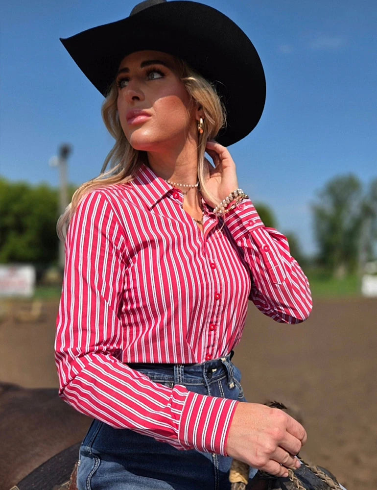 Cowgirl Tuff Ladies Red Pinstripe Structured Pullover Button Up