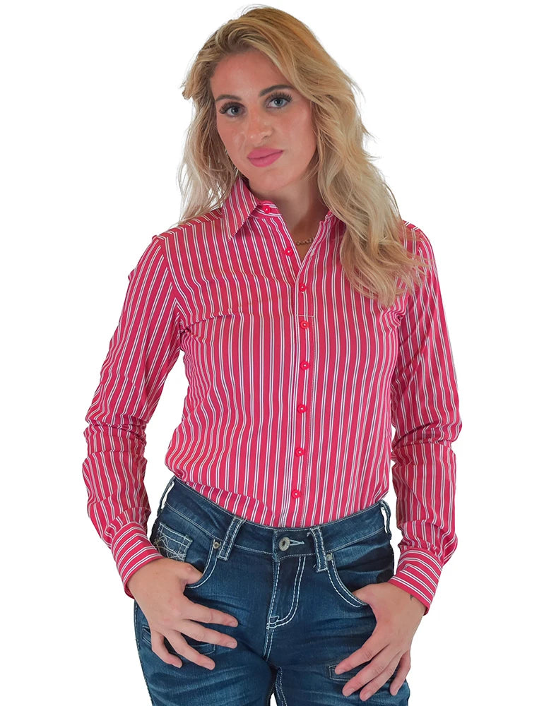 Cowgirl Tuff Ladies Red Pinstripe Structured Pullover Button Up