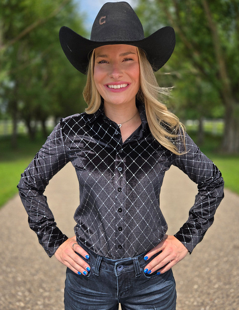 Cowgirl Tuff Ladies Black Velvet with Silver Crystals Pullover Button Up