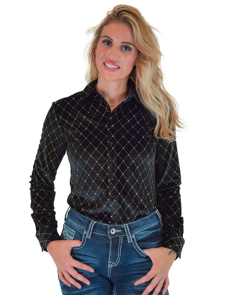 Cowgirl Tuff Ladies Black Velvet with Silver Crystals Pullover Button Up