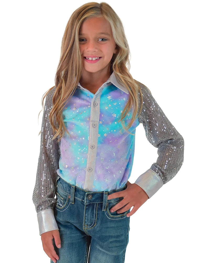 Cowgirl Tuff Girls Purple & Teal Tie Dye Velor with Silver Stars Sparkles Pullover Button Up