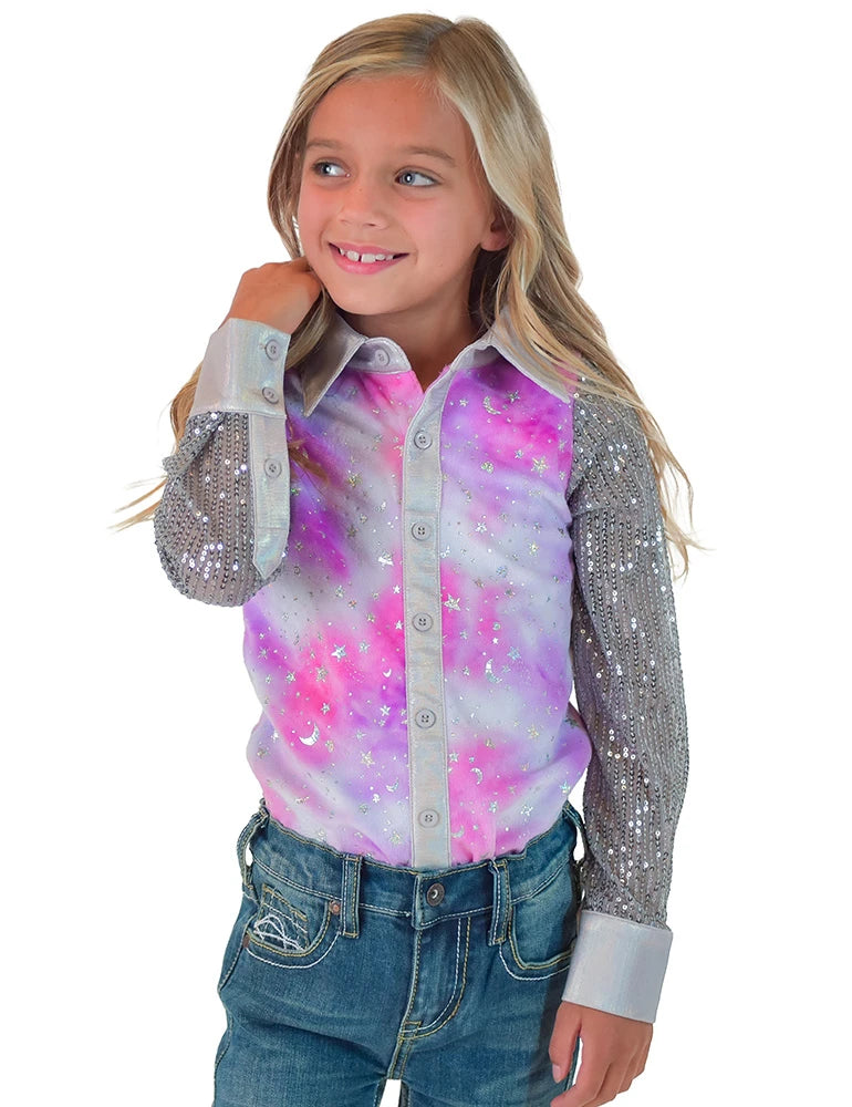 Cowgirl Tuff Girls Pink & Purple Tie Dye Velor with Silver Stars Sparkles & Silver Sequin Sleeves Pullover Button Up