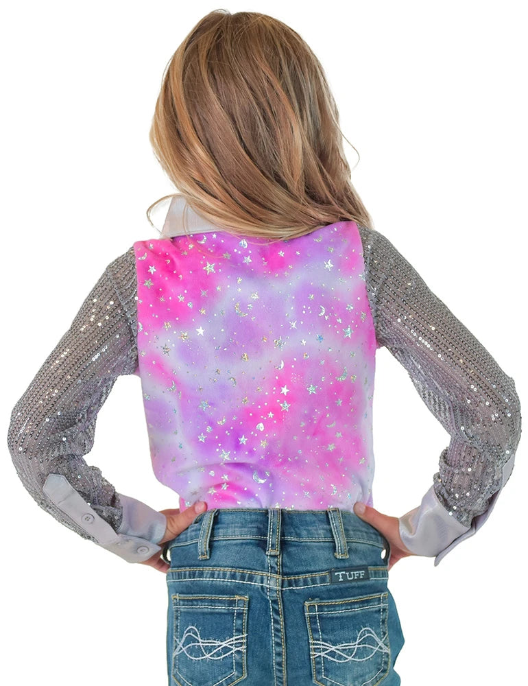 Cowgirl Tuff Girls Pink & Purple Tie Dye Velor with Silver Stars Sparkles & Silver Sequin Sleeves Pullover Button Up