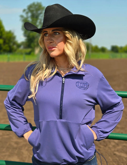 Cowgirl Tuff Ladies Purple Athletic Stretch 1/2 Zip Cadet with pouch pocket with Navy embroidered logo