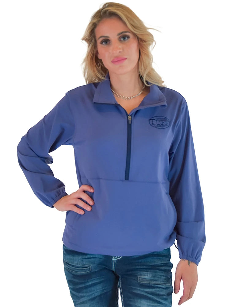 Cowgirl Tuff Ladies Purple Athletic Stretch 1/2 Zip Cadet with pouch pocket with Navy embroidered logo