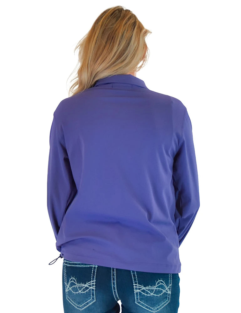 Cowgirl Tuff Ladies Purple Athletic Stretch 1/2 Zip Cadet with pouch pocket with Navy embroidered logo