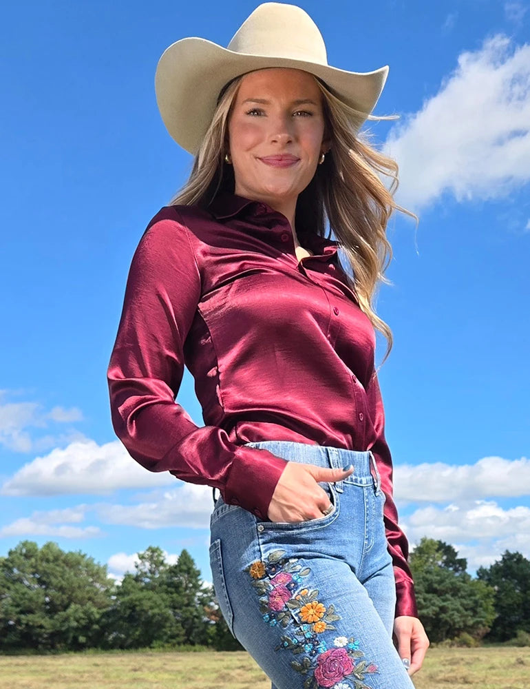 Burgundy Satin Pullover Button Up