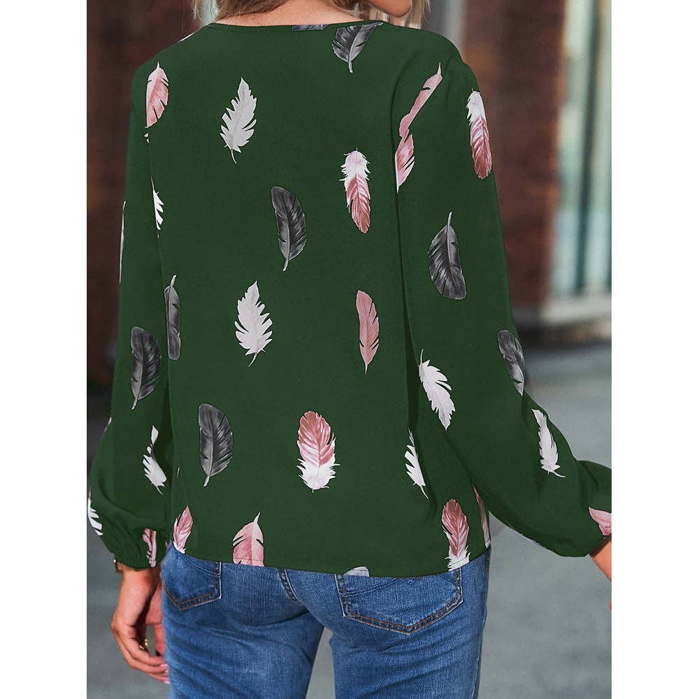 Women's Feather Print V-Neck Long Sleeve Blouse