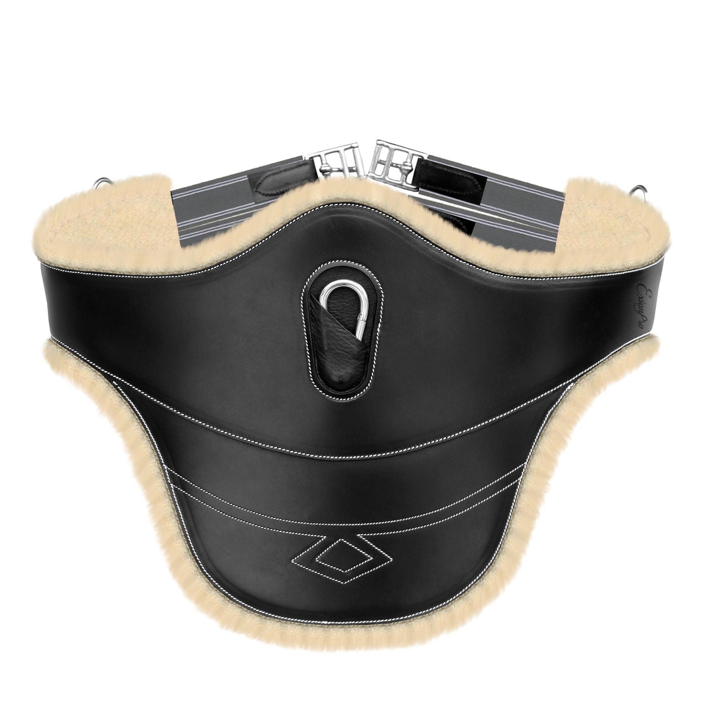 ExionPro Thick Lined Fancy Belly Guard Girth with Leather/Sheepskin Padding and Snap Hook - Grey Elastic With White Lines
