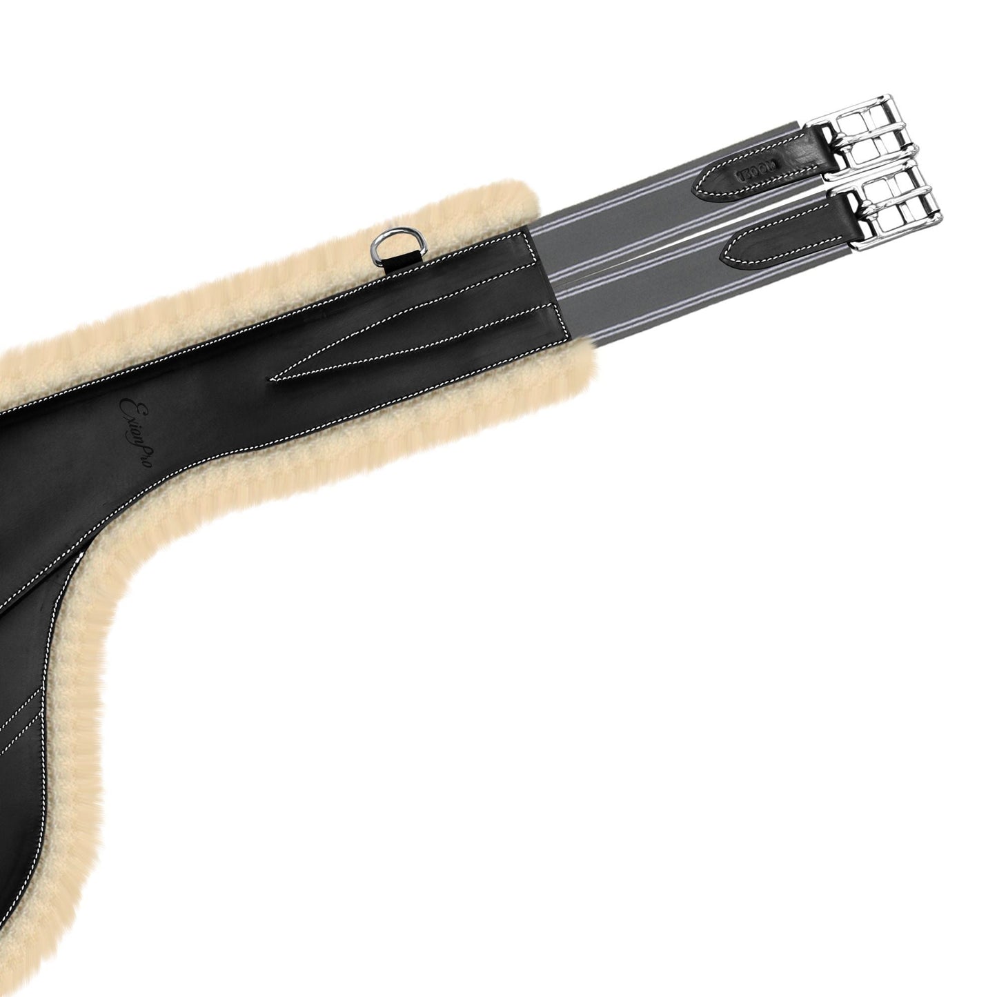 ExionPro Thick Lined Fancy Belly Guard Girth with Leather/Sheepskin Padding and Snap Hook - Grey Elastic With White Lines