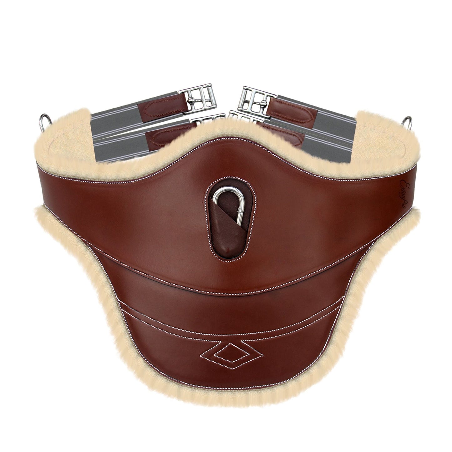 ExionPro Thick Lined Fancy Belly Guard Girth with Leather/Sheepskin Padding and Snap Hook - Grey Elastic With White Lines