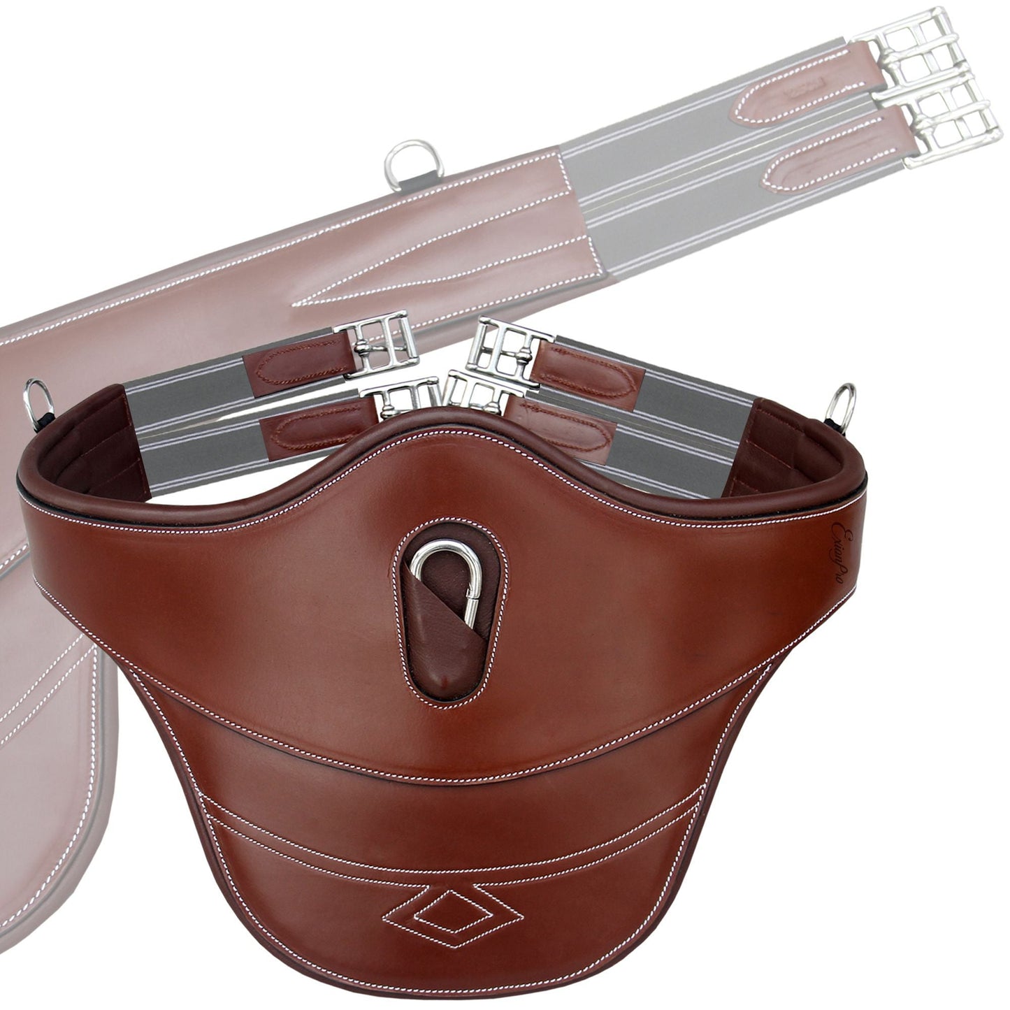 ExionPro Thick Lined Fancy Belly Guard Girth with Leather/Sheepskin Padding and Snap Hook - Grey Elastic With White Lines