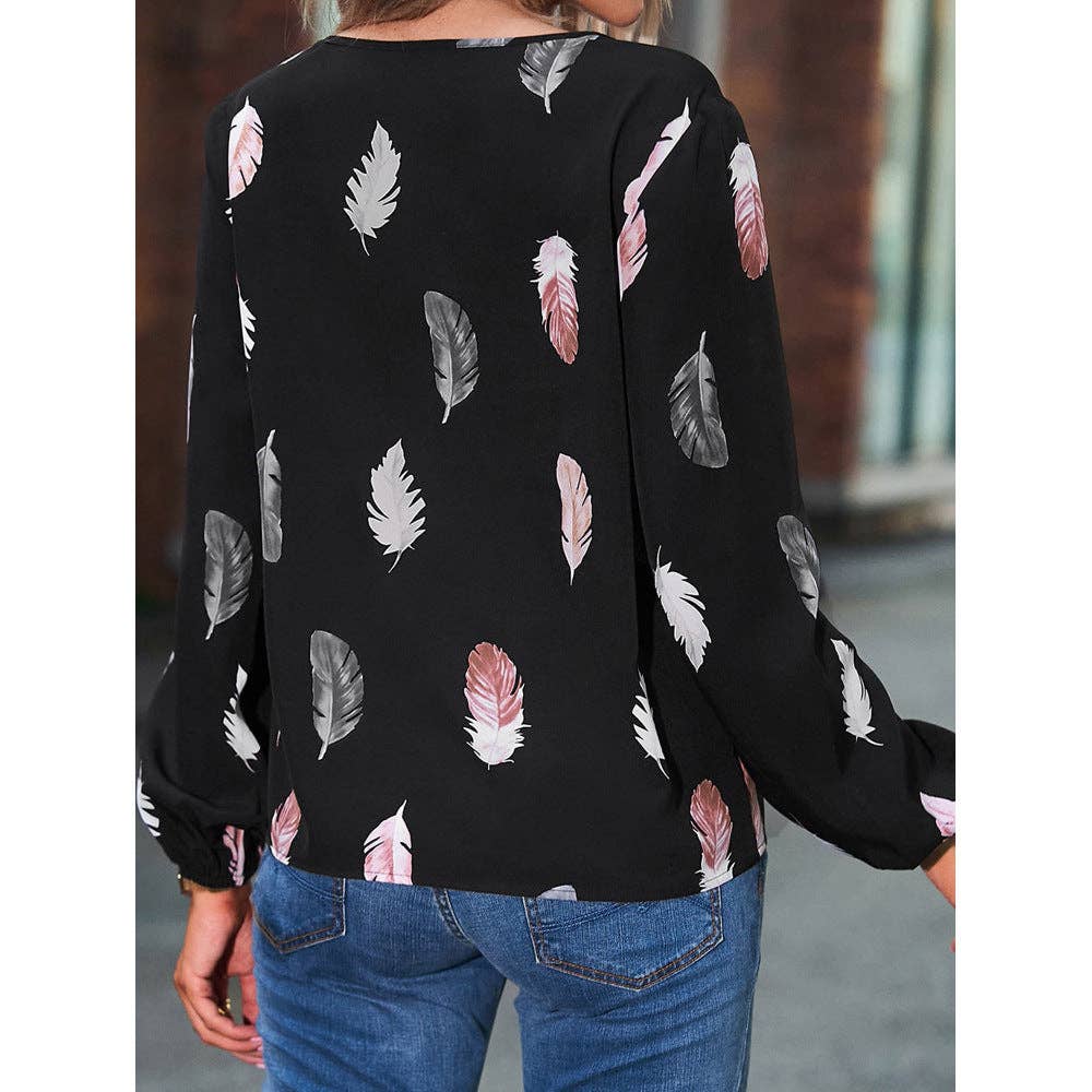 Women's Feather Print V-Neck Long Sleeve Blouse