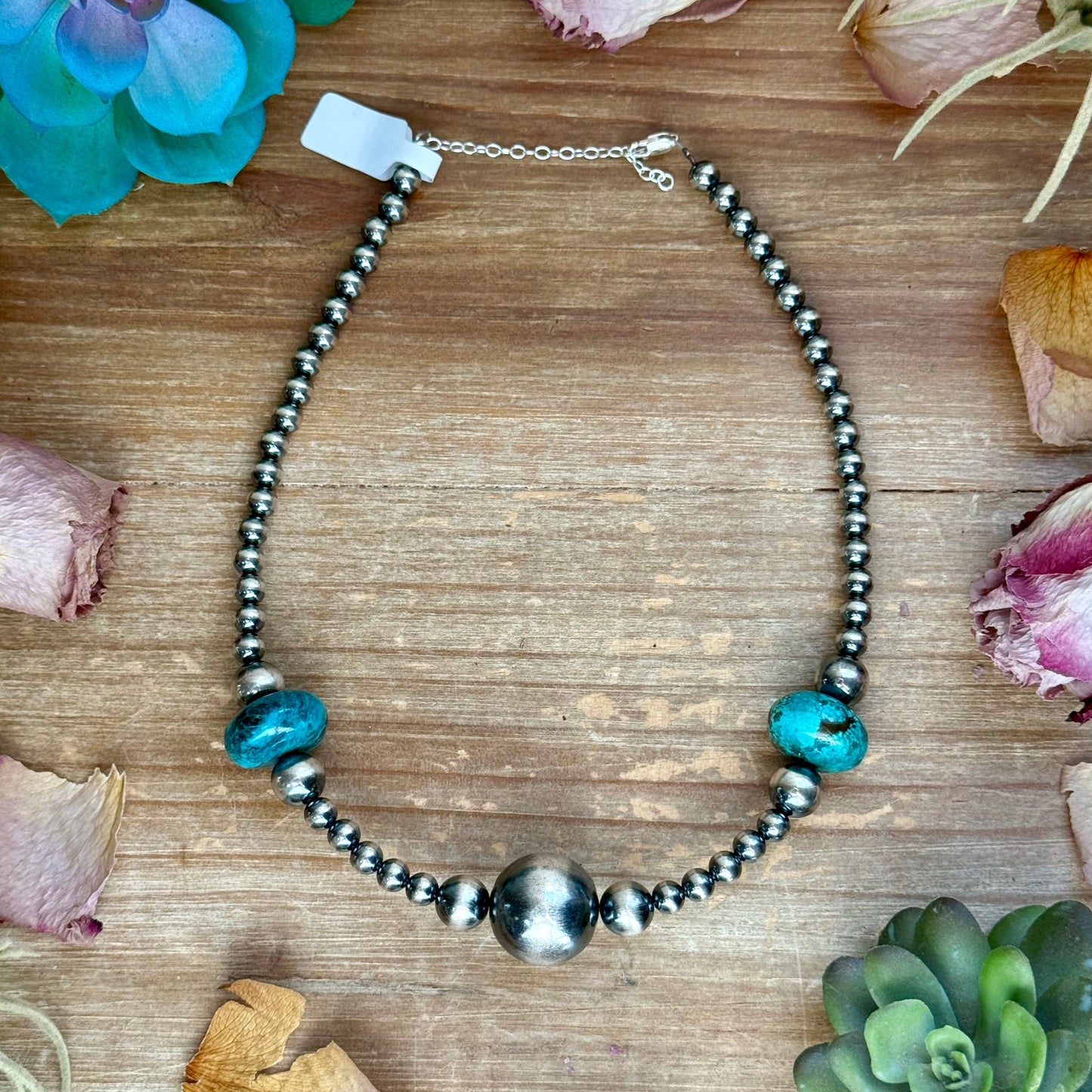 15” Turquoise Rondelle Necklace – Sterling Silver Pearls