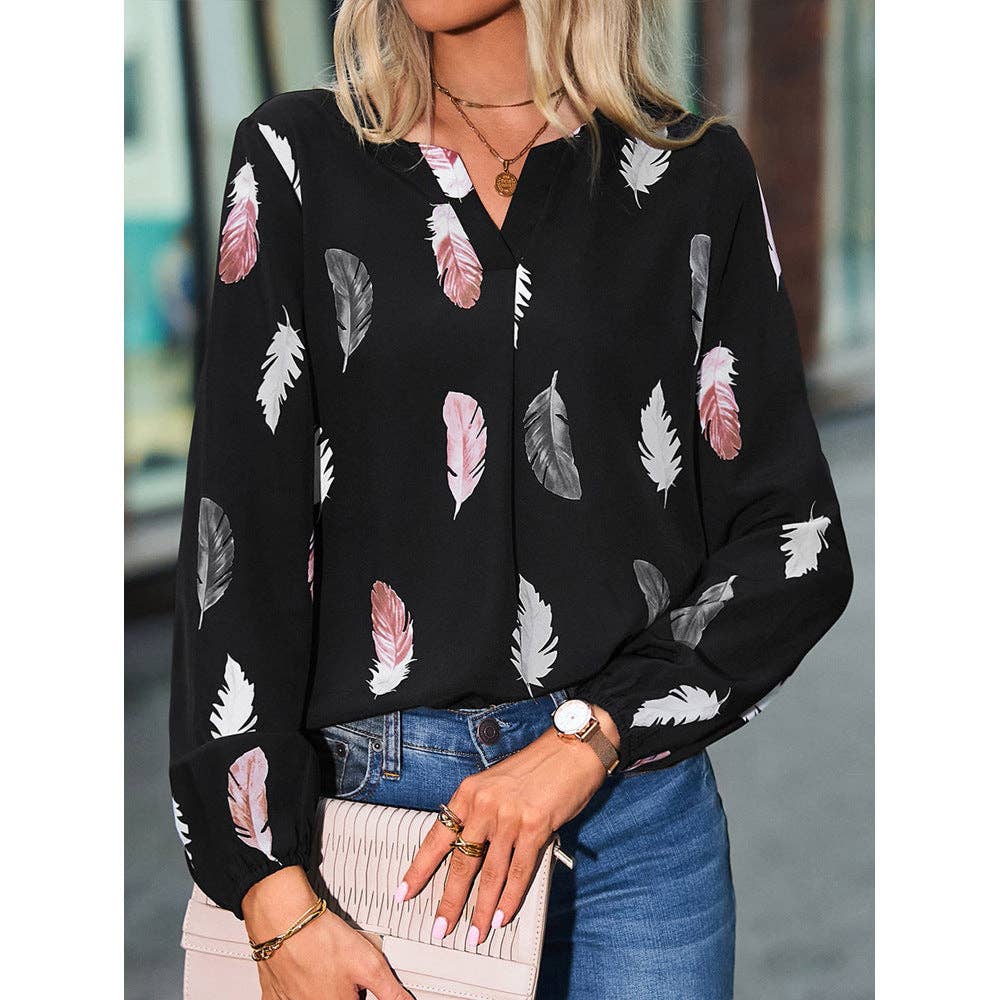 Women's Feather Print V-Neck Long Sleeve Blouse