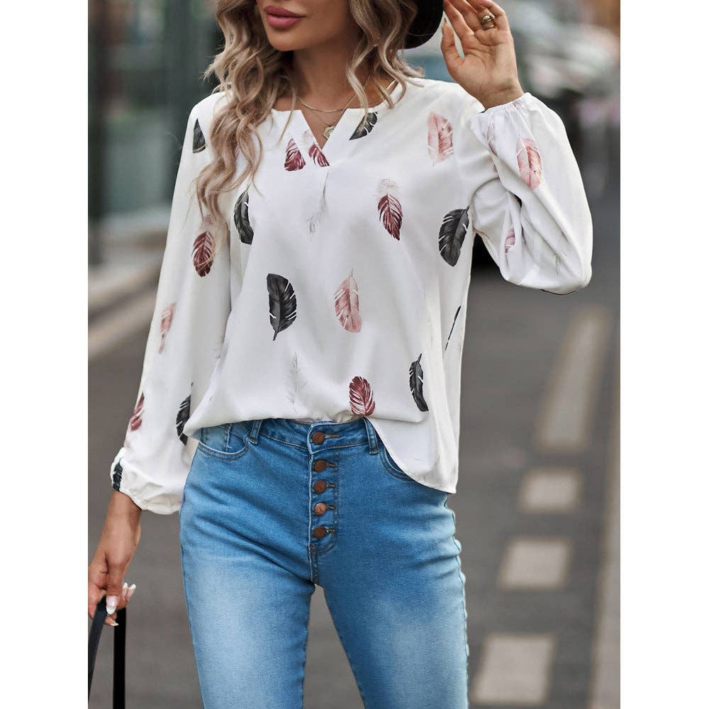 Women's Feather Print V-Neck Long Sleeve Blouse