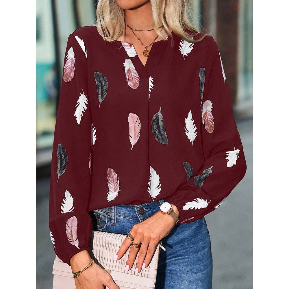 Women's Feather Print V-Neck Long Sleeve Blouse