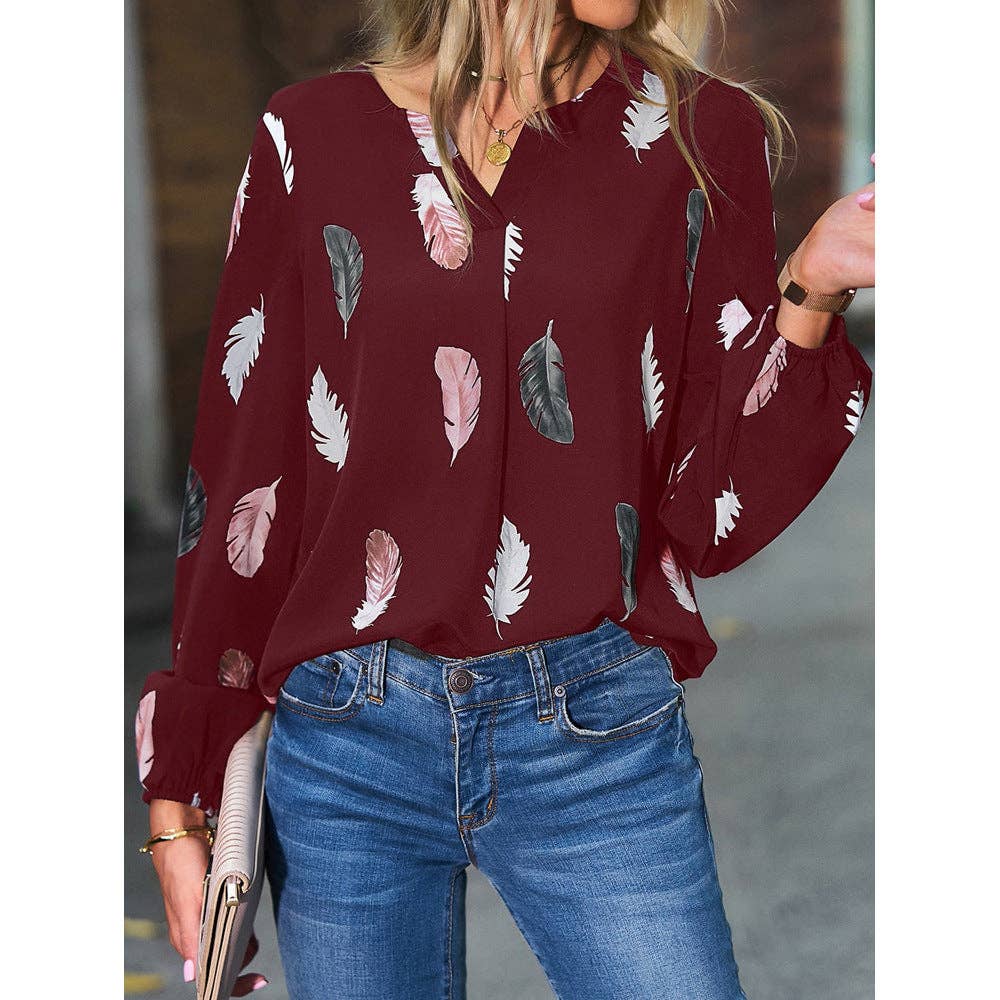 Women's Feather Print V-Neck Long Sleeve Blouse