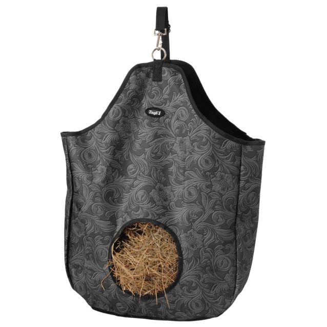 Tough-1 Black Tooled Leather Nylon Hay Tote