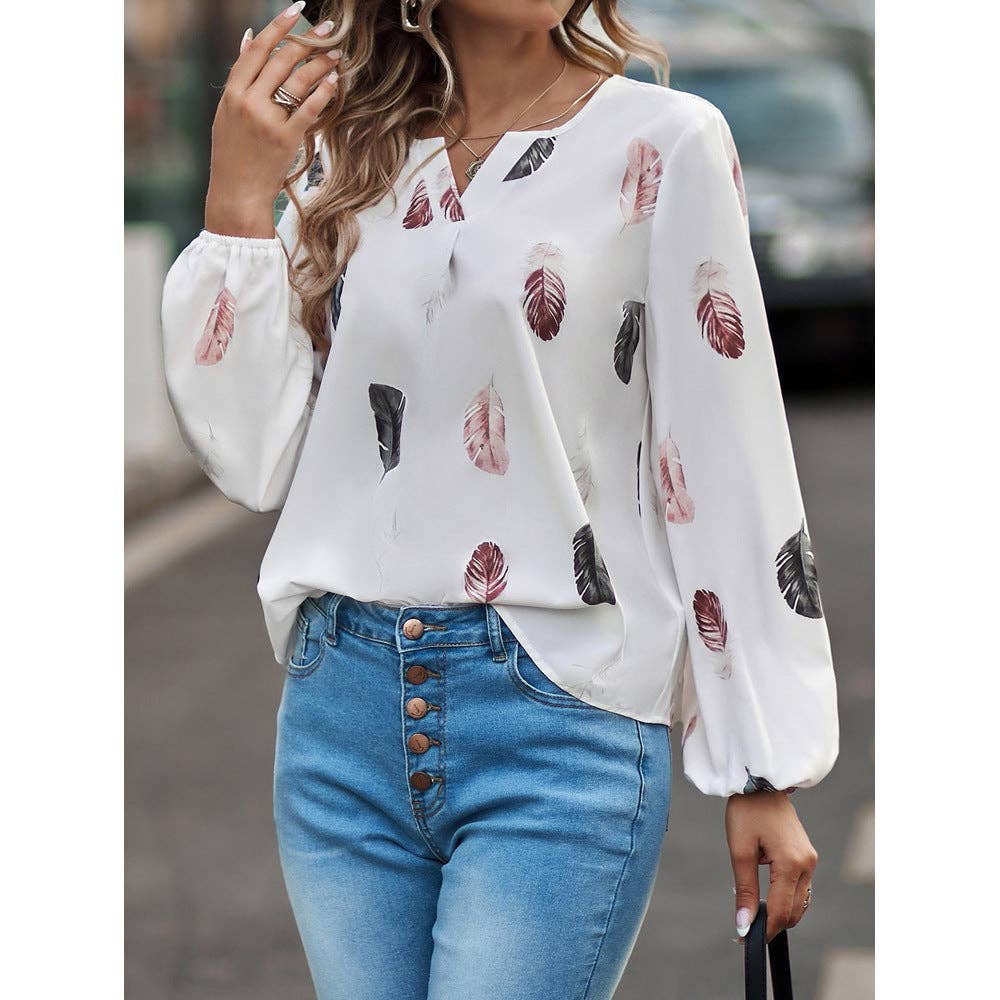 Women's Feather Print V-Neck Long Sleeve Blouse