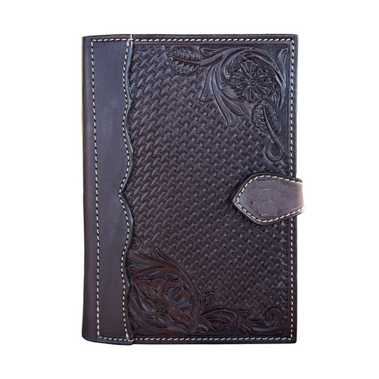 Bible cover chocolate leather basket and wild rose tooling