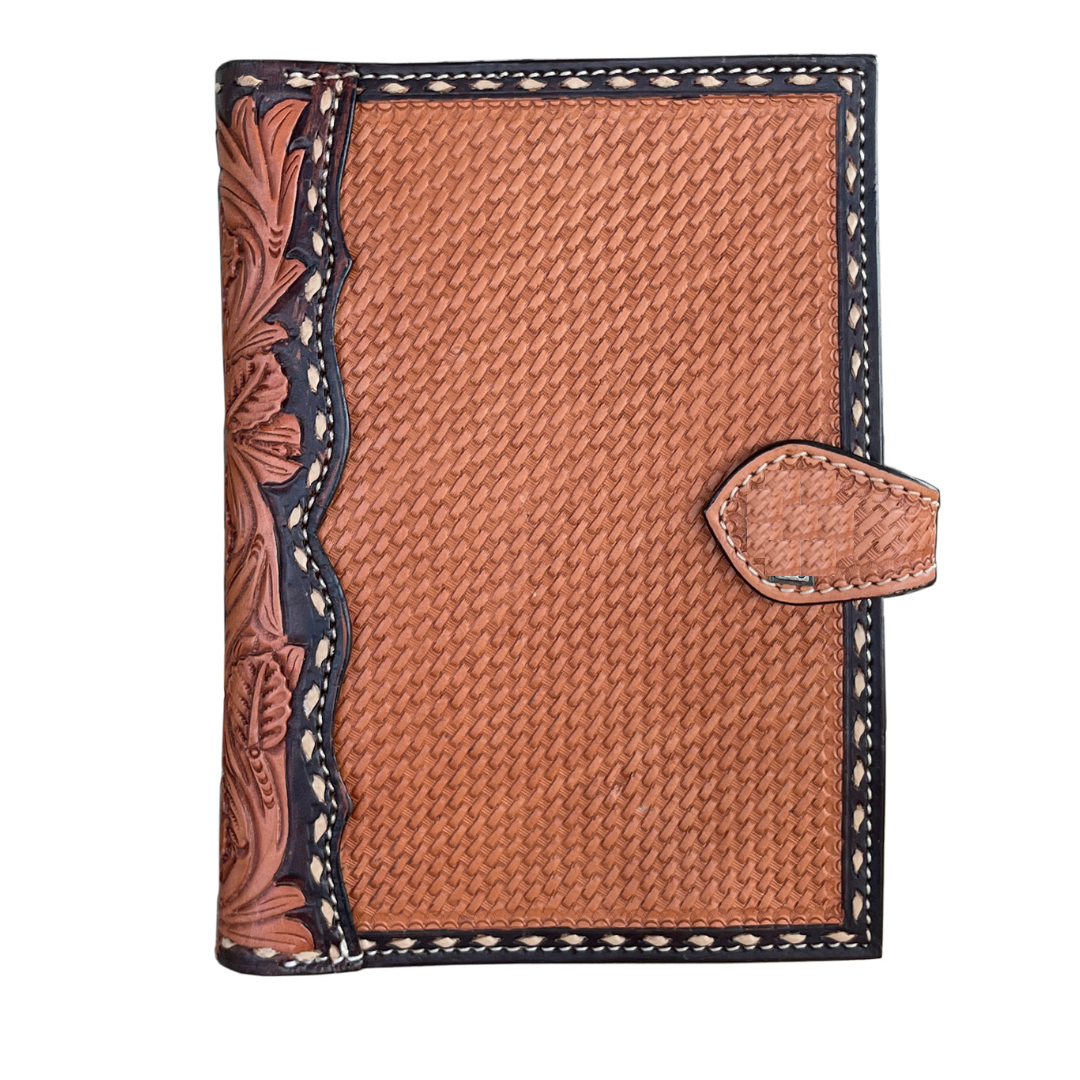 Bible cover golden leather basket and wild rose tooling with paint to the edge and buckstich