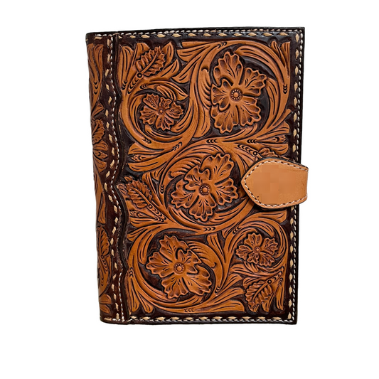 Bible cover golden leather mini wild rose tooling with paint to the edge and buckstitch