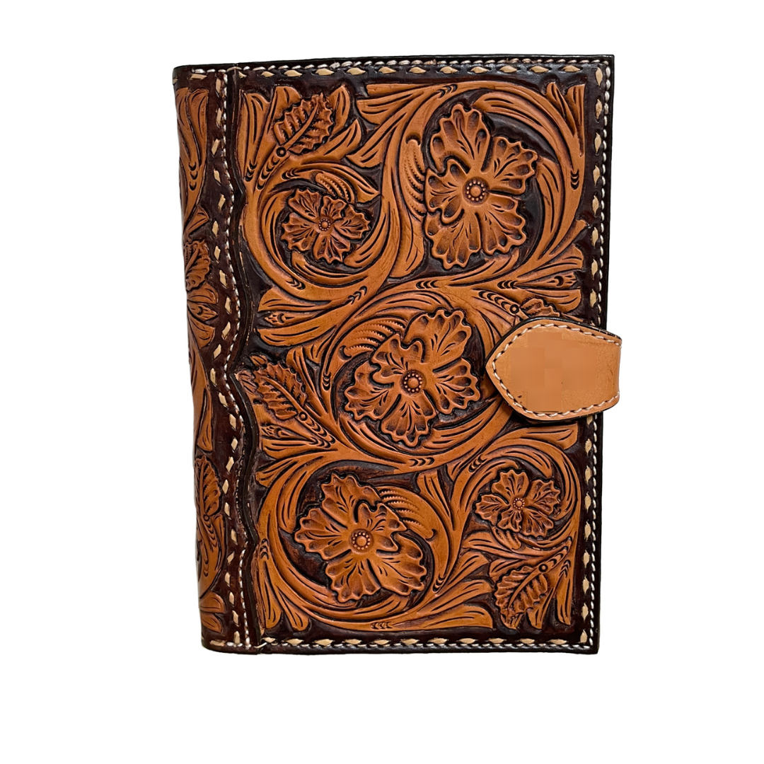 Bible cover golden leather mini wild rose tooling with paint to the edge and buckstitch