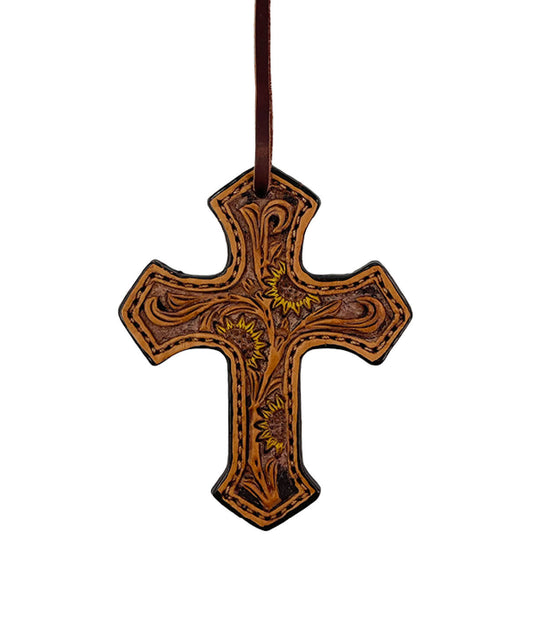 108-SUN2 Cross golden leather sunflower tooling with background paint