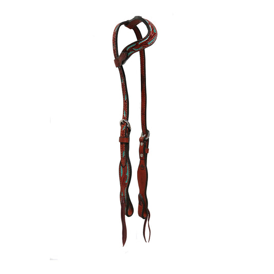 2074-FT 5/8" Wave one ear headstall toast leather floral tooled with  background paint