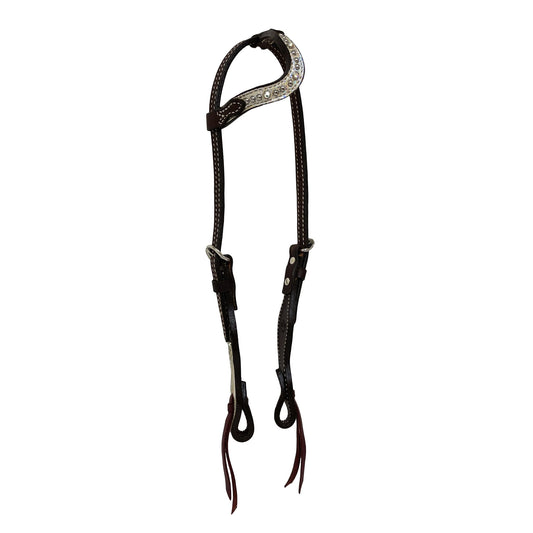 2074-J8 5/8" Wave one ear headstall chocolate leather holographic overlay with crystals and spots