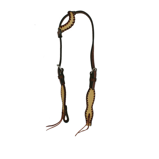 2074-WH 5/8" Wave one ear headstall toast leather palomino overlay with latigo whip lace