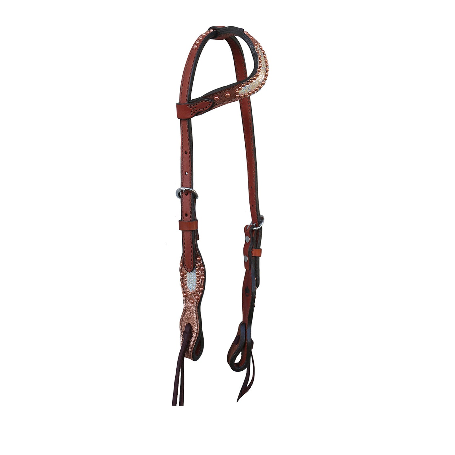 2274-IC 5/8" Wave one ear headstall toast leather copper crackle and holographic overlay with spots