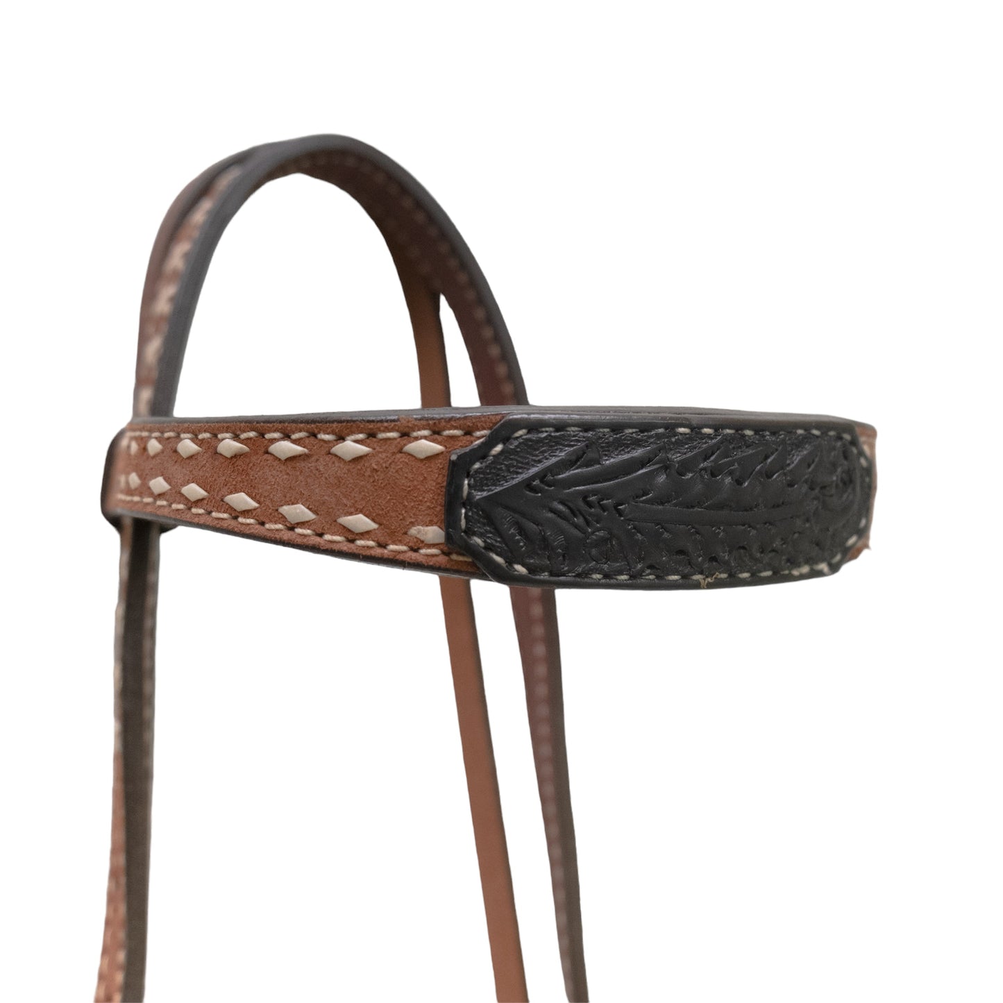 2800-AOA 1-1/2" Contour browband headstall rough out toast leather with oak leaf tooled patch, buckstitch, braided loops, and Spanish lace hardware
