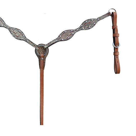 3065-JGB 2" Scalloped breast collar golden leather brown gator overlay with crystals and spots