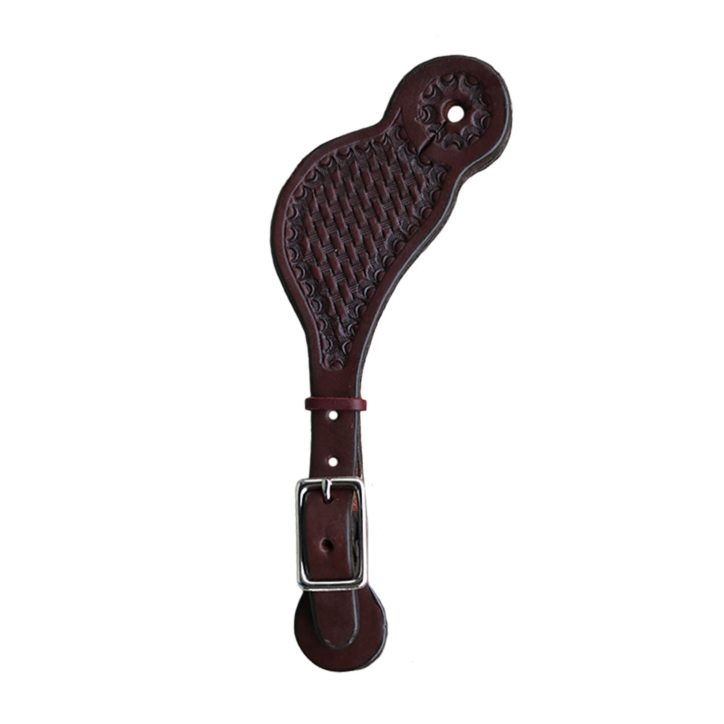381-CHK Kid's spur straps chocolate leather basket tooled