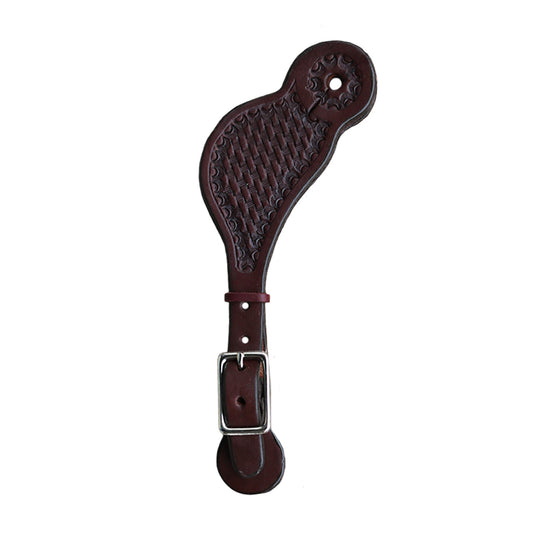 381-CHK Kid's spur straps chocolate leather basket tooled
