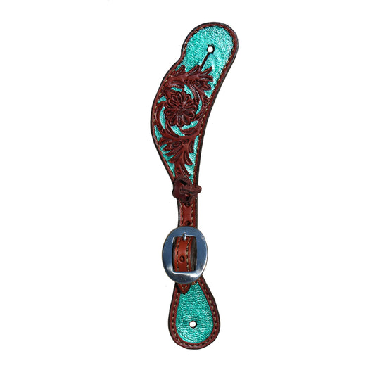 382-FT Ladies spur straps toast leather floral tooled with background paint