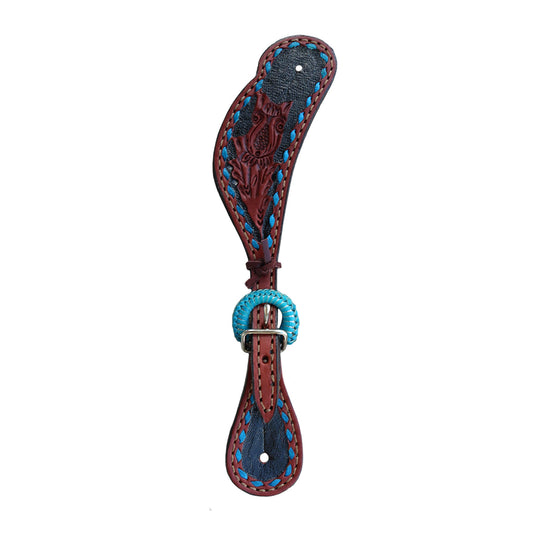 382-TTBS Ladies spur straps toast leather TTBS tooling with backstitch and background paint