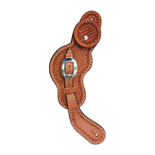 385-K Men's spur straps golden leather basket tooled with button