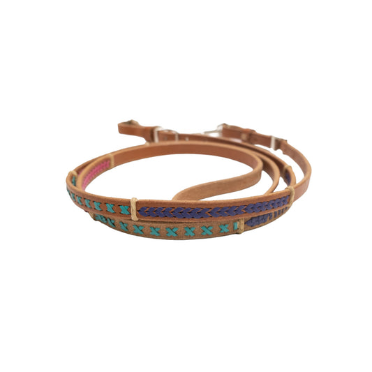 E-730-PPG 5/8" Sherrylynn Johnson barrel rein harness leather purple, pink, and green lacing with dividers and snaps