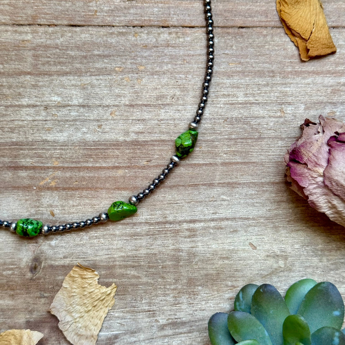Green Nugget Turquoise & Sterling Silver Pearl Necklace
