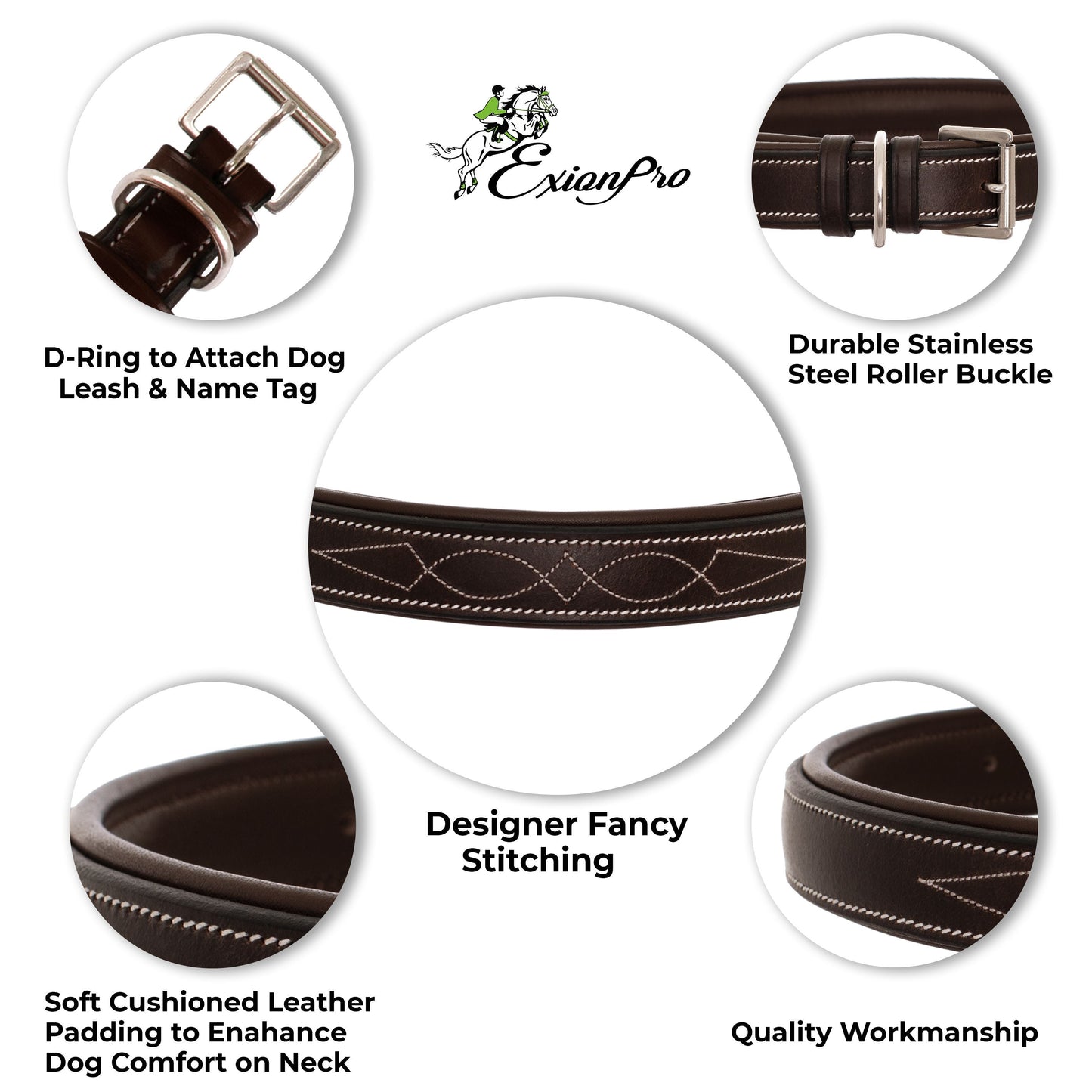 ExionPro Fancy Stitched Padded Leather Dog Collar - Brown Padding