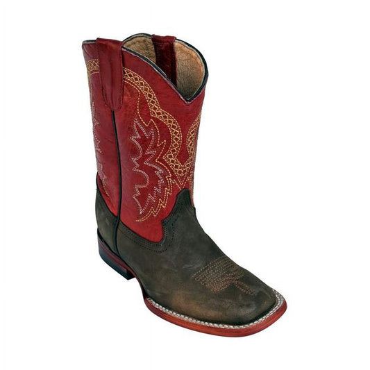 Kids Dallas Causal Boots - Chocolate & Red - Square Toe