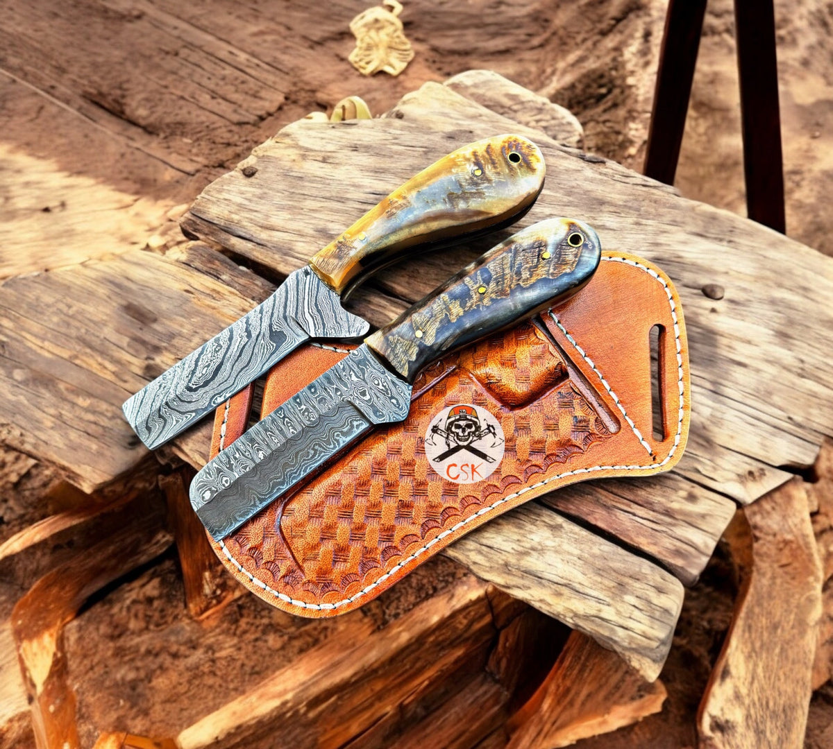 Wyatt Earp Bull Cutter Knives Set – 3.25” Damascus Blade With Ram Handle