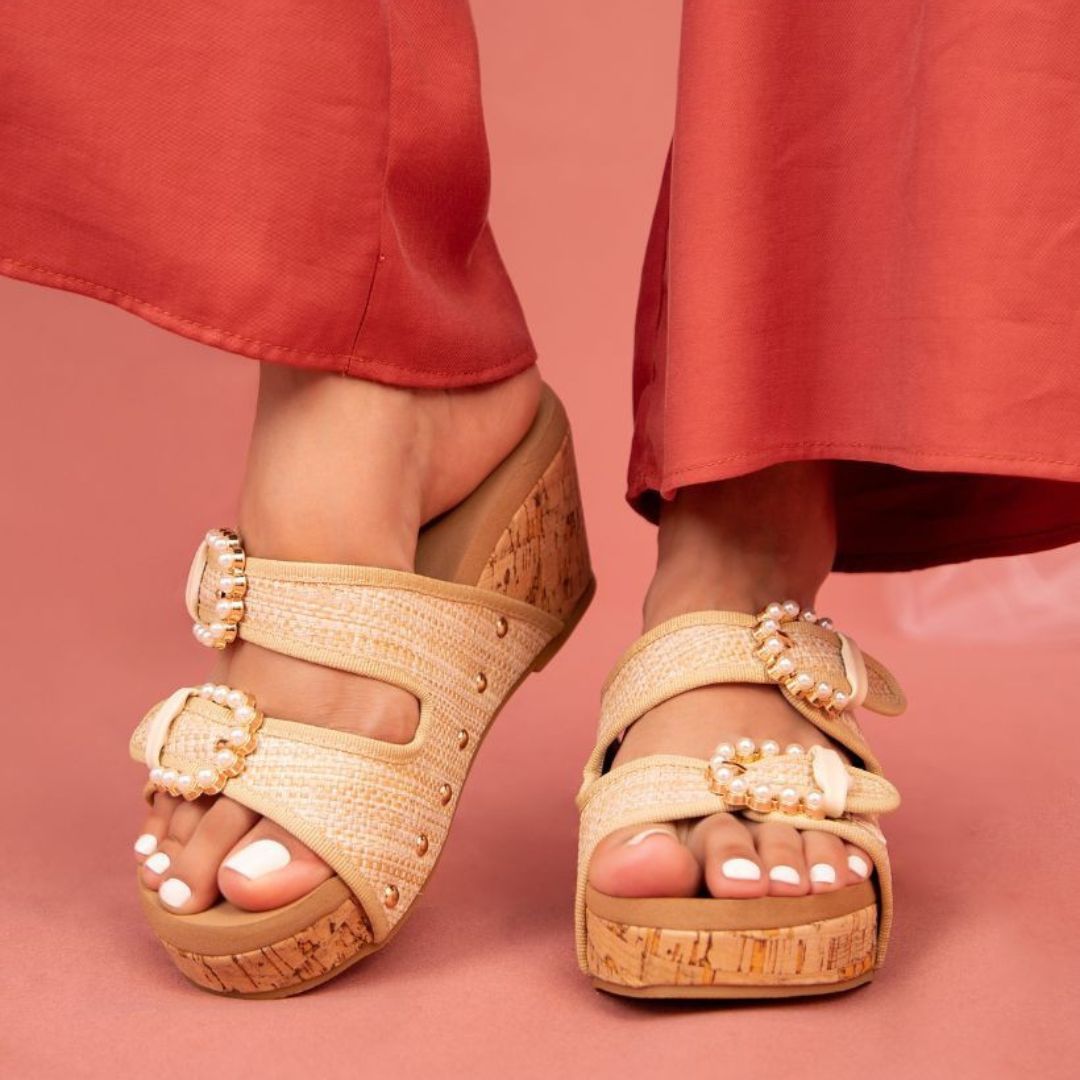 Brianna Pearl Buckle Wedge – Embellished Slide with Cork Heel in 3 Colors