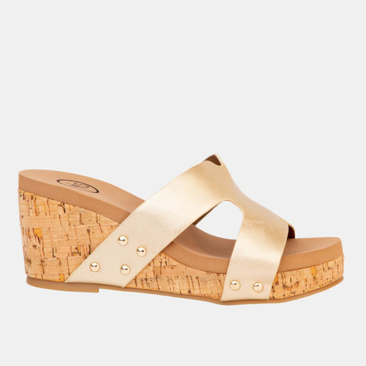 Allyson Cork Wedge Slide – Crisscross Metallic Sandal in 4 Colors