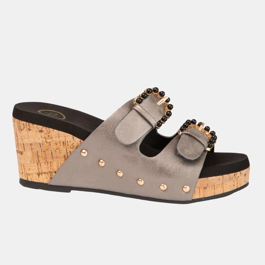 Brianna Pearl Buckle Wedge – Embellished Slide with Cork Heel in 3 Colors