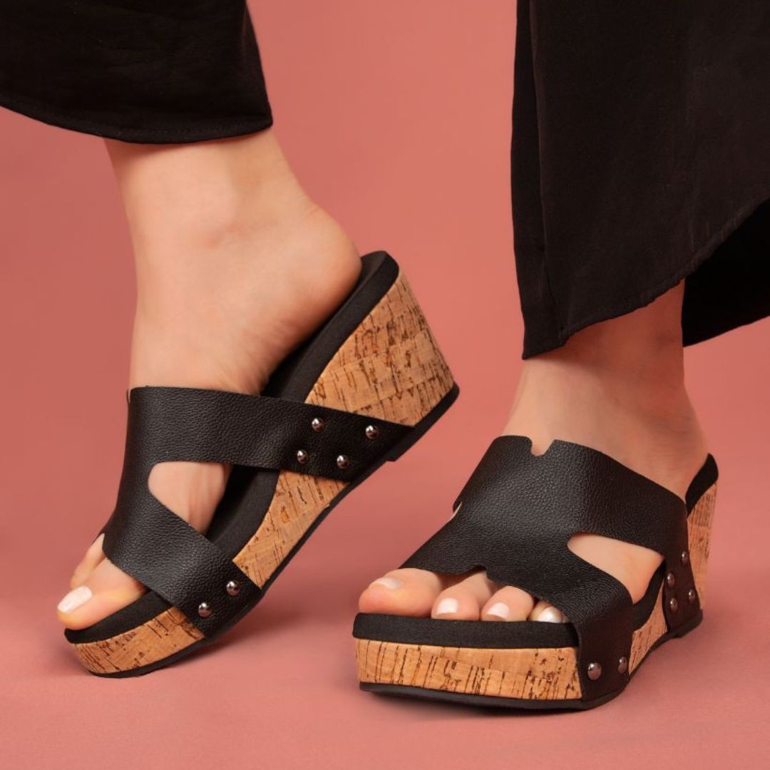 Allyson Cork Wedge Slide – Crisscross Metallic Sandal in 4 Colors